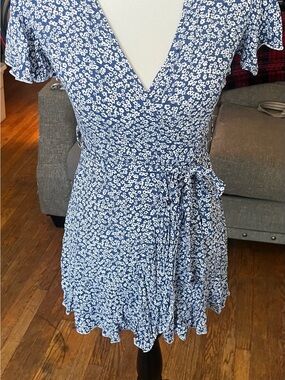 Blue Floral Wrap Dress with Tie Waist